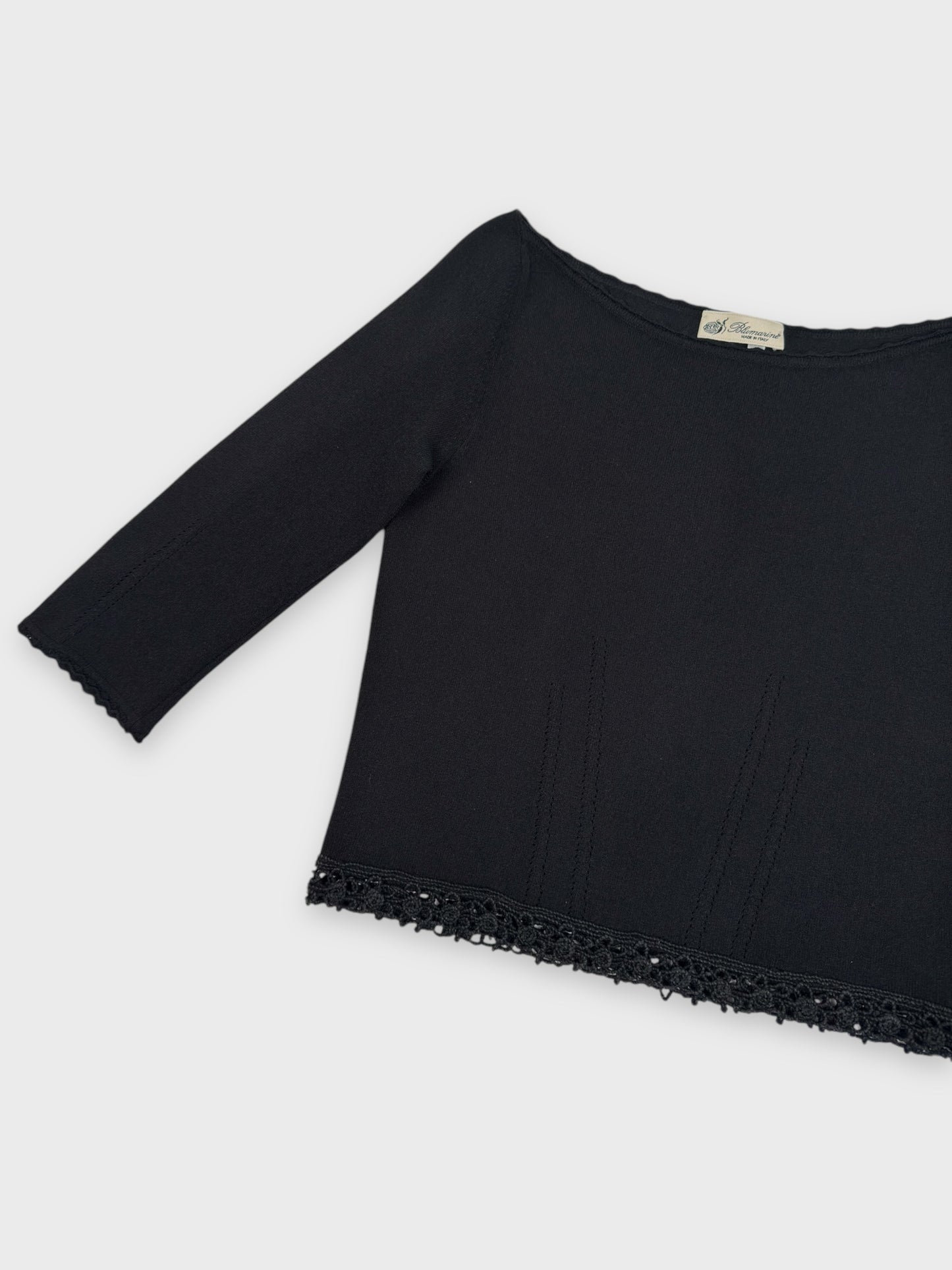 Blumarine early 2000s black knit top with crochet trim on the sleeves.