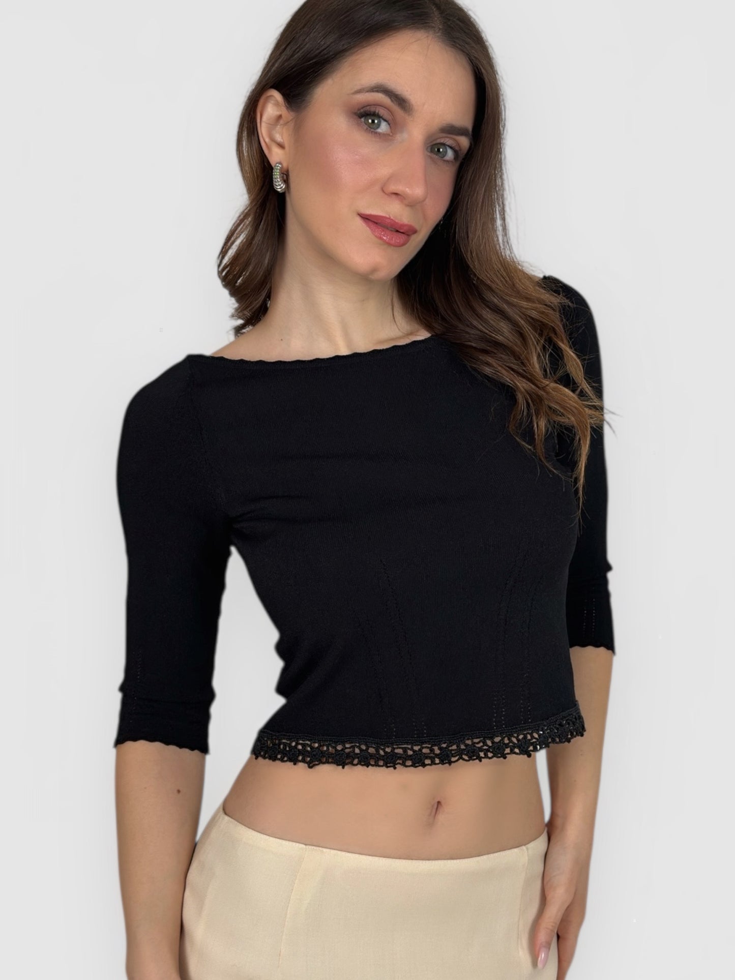 Blumarine early 2000s black knit top with crochet trim on the sleeves.