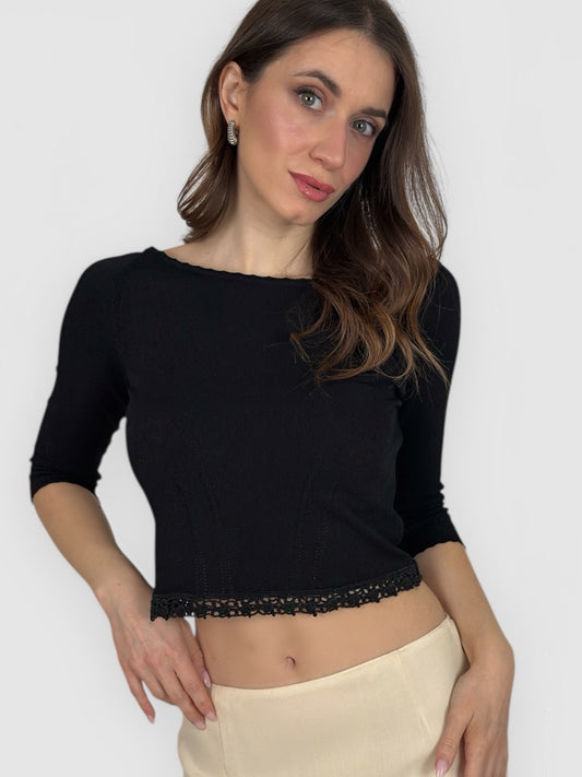 Blumarine early 2000s black knit top with crochet trim on the sleeves.