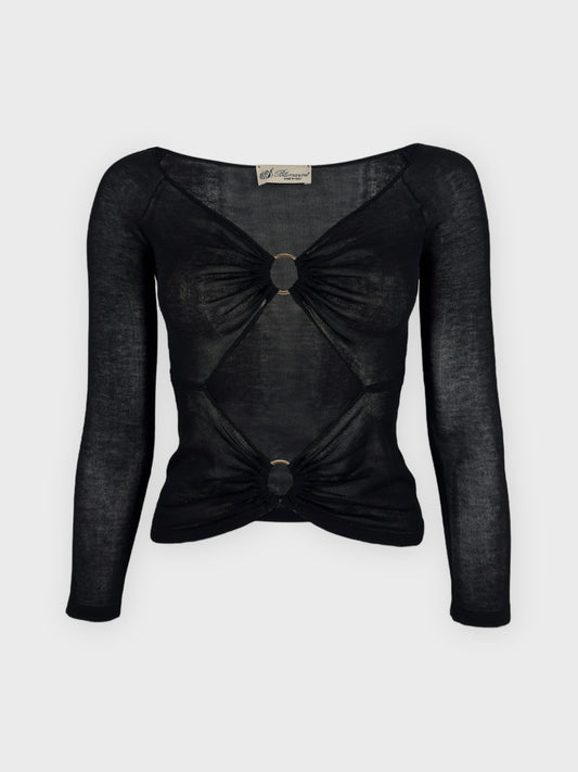 Vintage Blumarine early 2000s black cotton cut-out top with metal ring details.