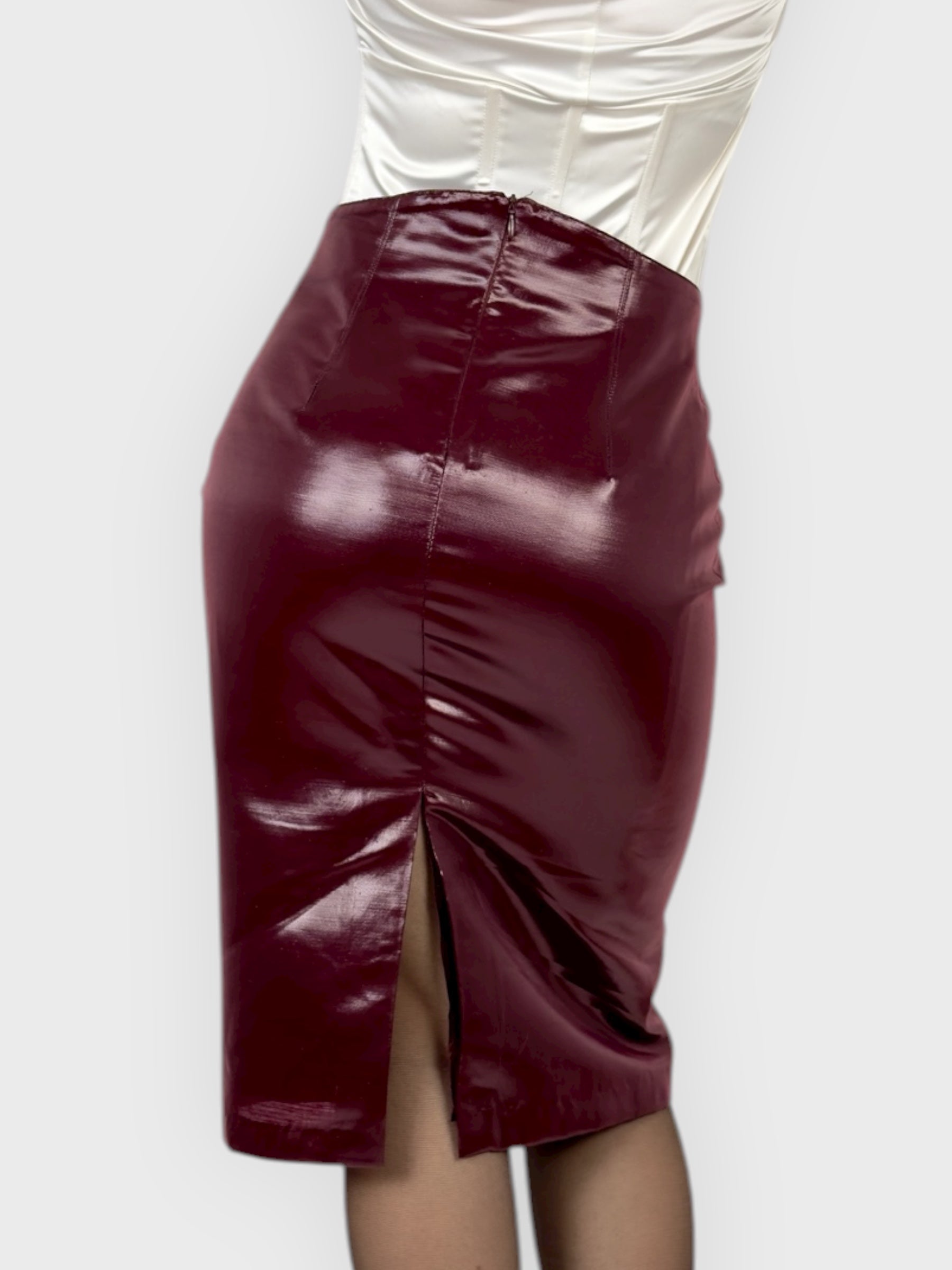 Vintage Blumarine early 2000s shiny burgundy midi skirt in wool blend.