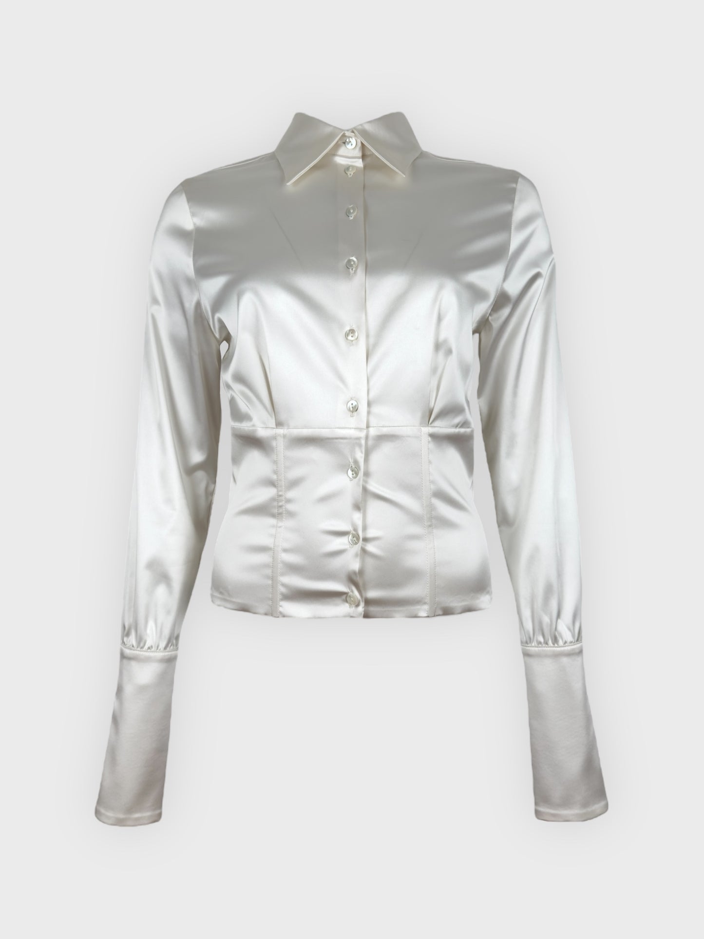 Vintage Blumarine early 2000s white satin corset shirt with structured boning.