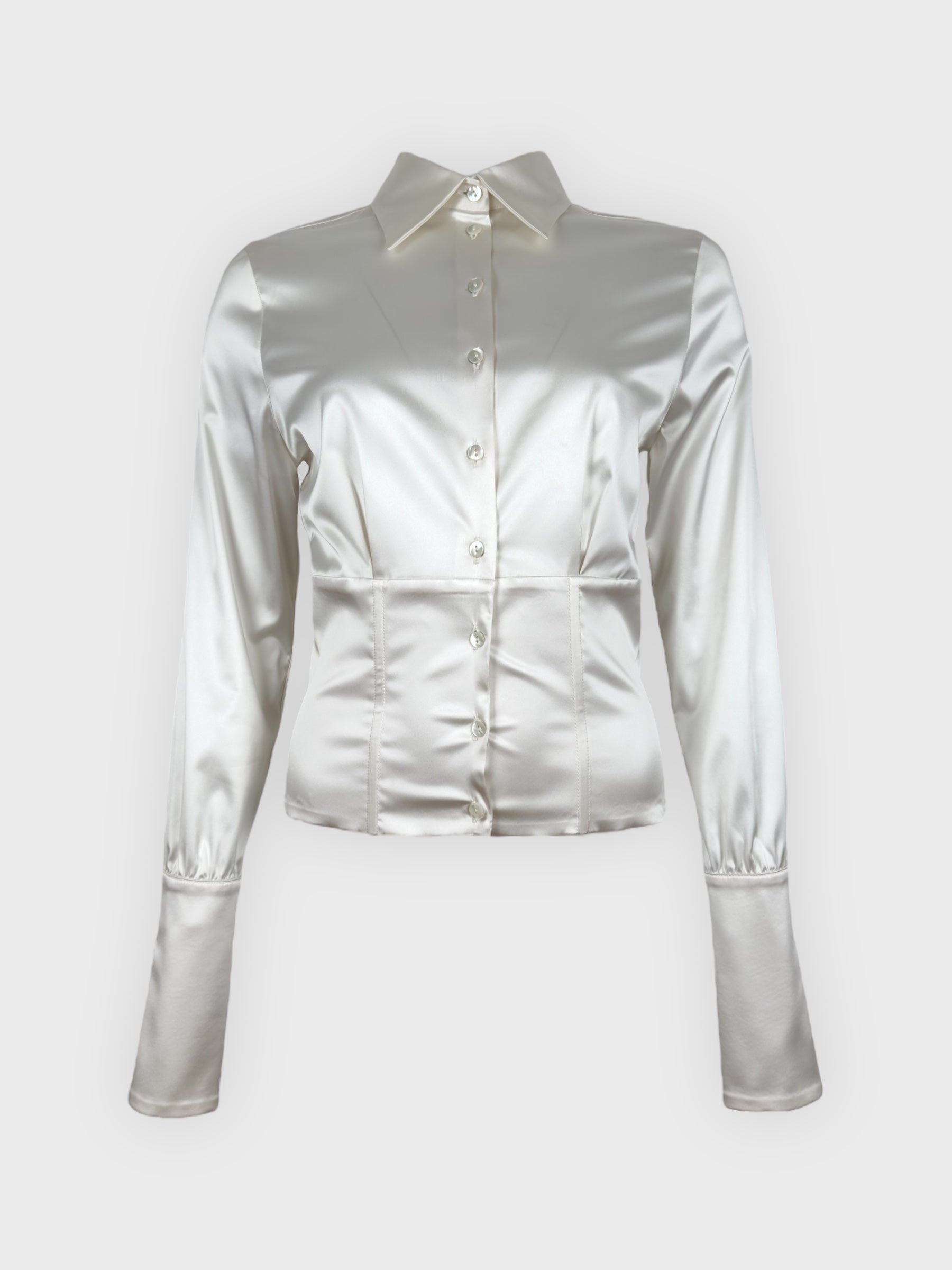 Vintage Blumarine early 2000s white satin corset shirt with structured boning.