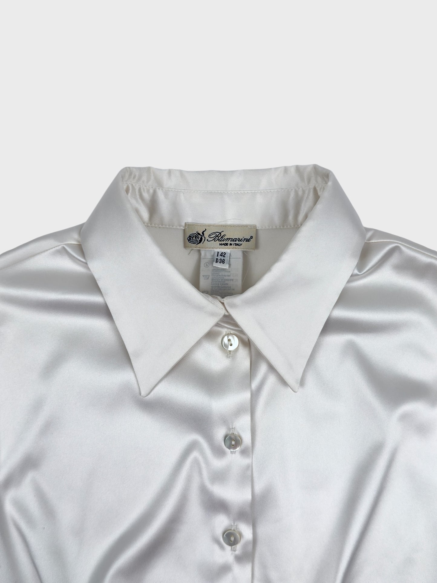 Vintage Blumarine early 2000s white satin corset shirt with structured boning.