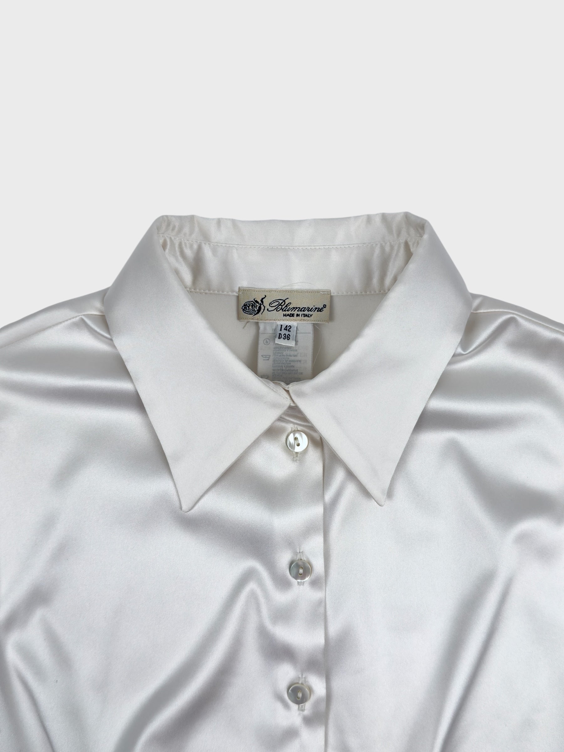 Vintage Blumarine early 2000s white satin corset shirt with structured boning.