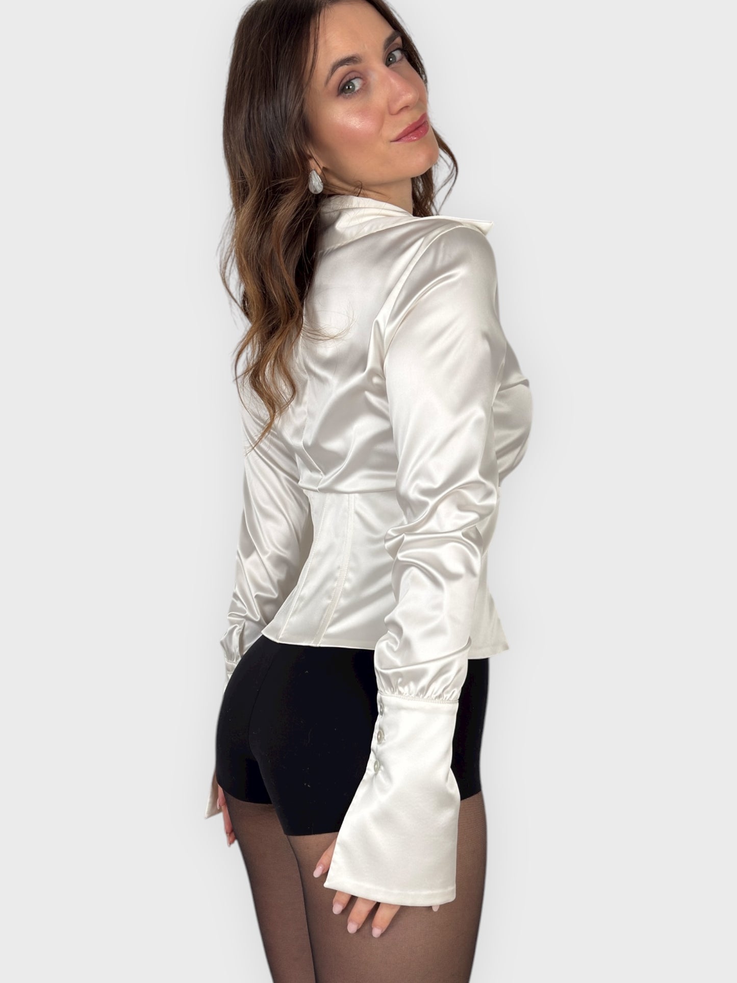 Vintage Blumarine early 2000s white satin corset shirt with structured boning.