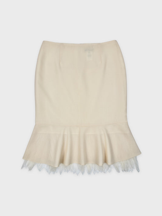 Blumarine FW 2003 ivory cream virgin wool pencil skirt with petal-shaped hem details.