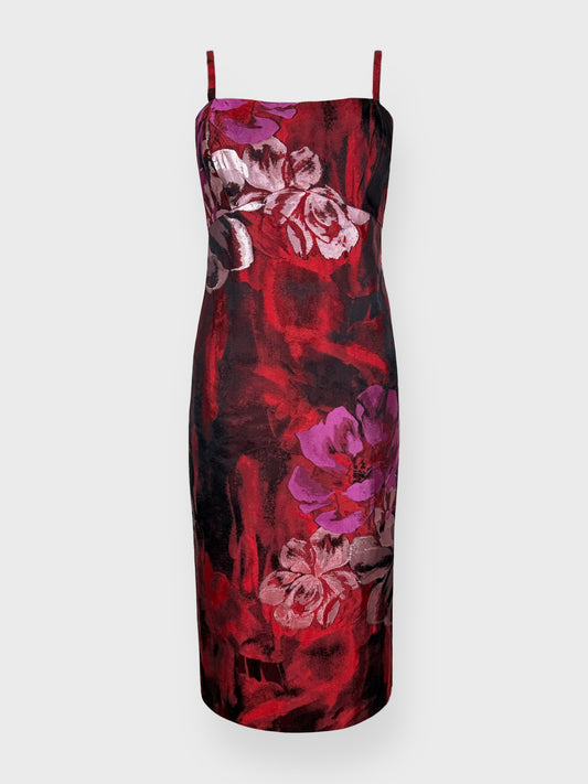 Blumarine FW 2007 floral silk midi dress in red, purple and pink tones.