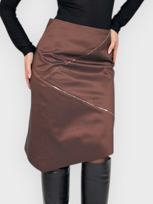 Vintage Blumarine late 1990s–early 2000s brown iridescent asymmetrical skirt with sequin detailing.