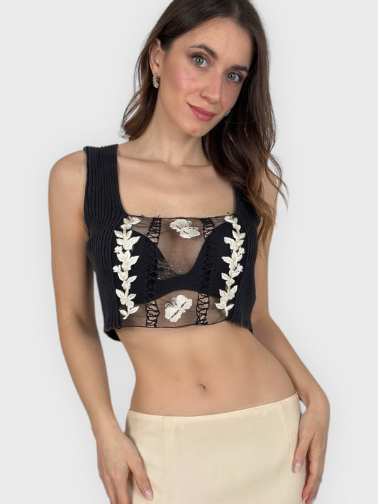 Blumarine SS 1994 embroidered knitted crop top with mesh insert.