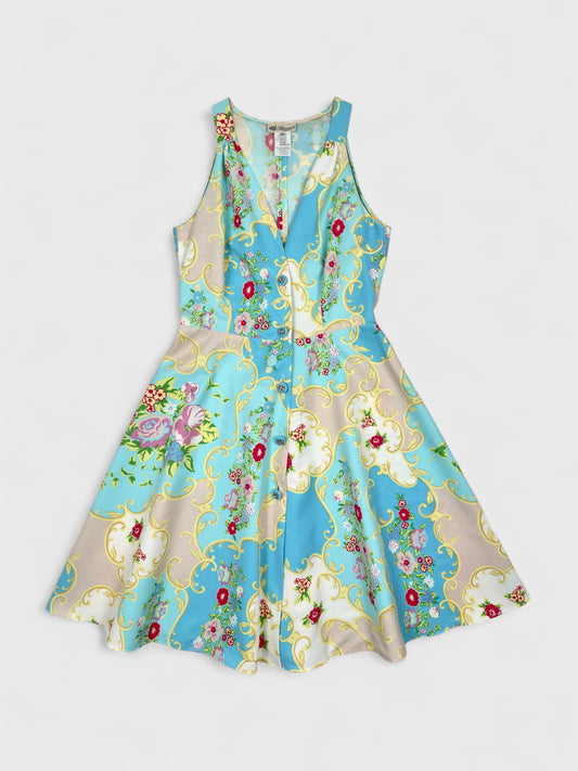 Blumarine SS 2001 baroque floral midi dress with beaded buttons.