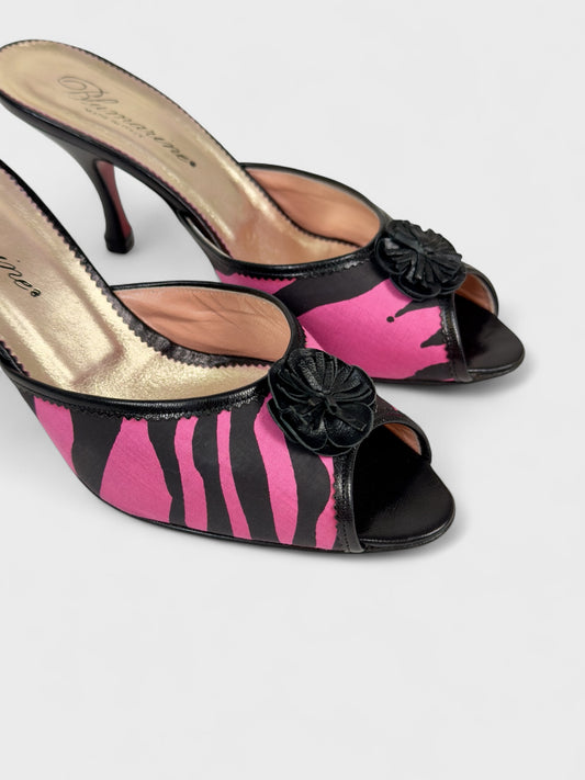 Blumarine SS 2001 heeled mules with fuchsia zebra print and floral appliqués.