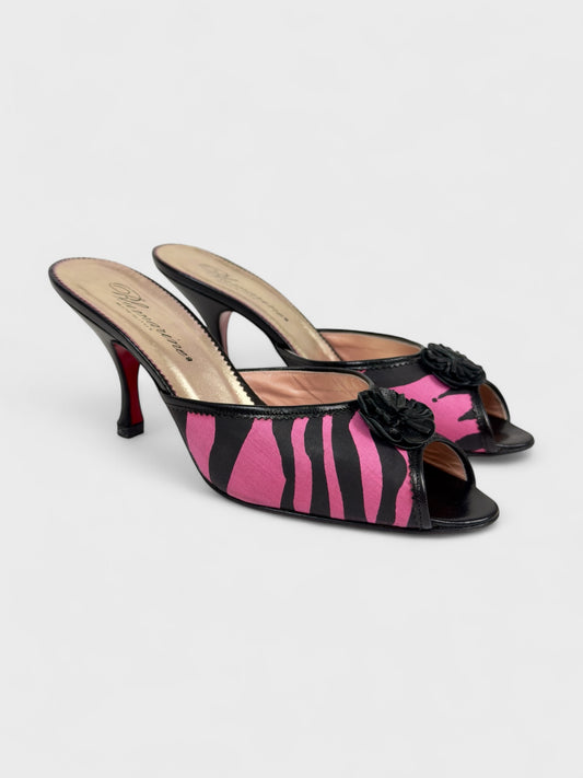 Blumarine SS 2001 heeled mules with fuchsia zebra print and floral appliqués.
