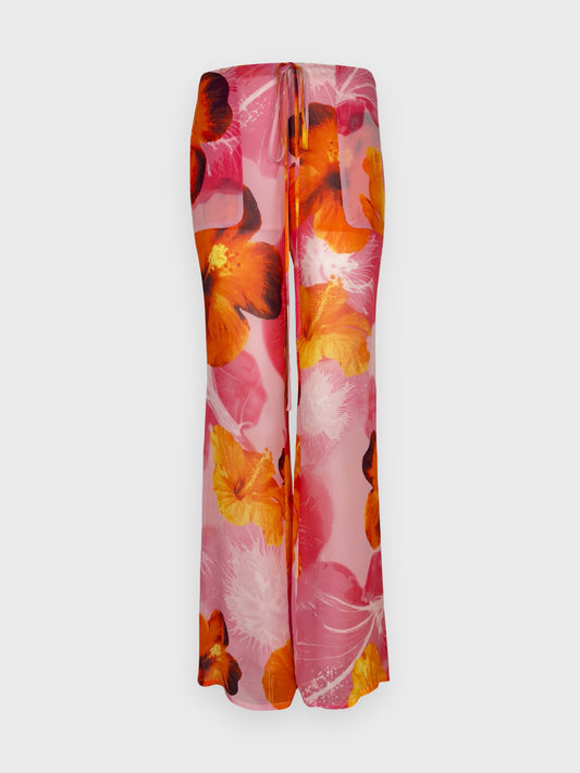 Blumarine SS 2002 silk trousers with hibiscus flower print and built-in shorts.
