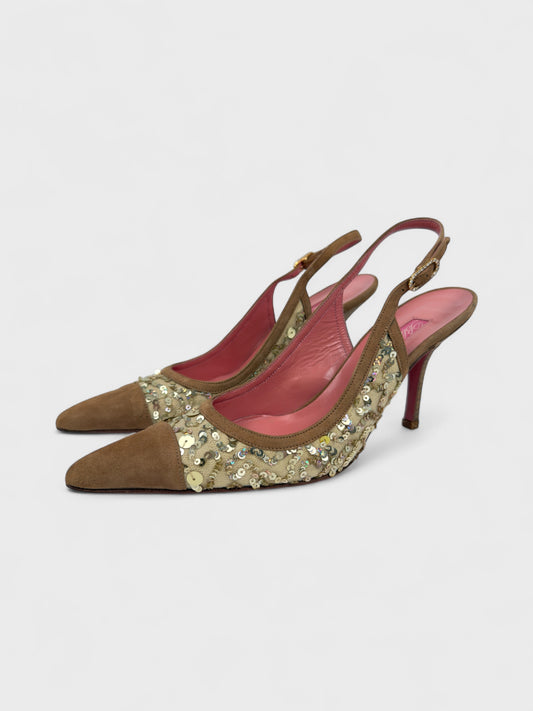 Blumarine SS 2005 slingback pumps with suede-effect toe and embroidered sequin detailing.