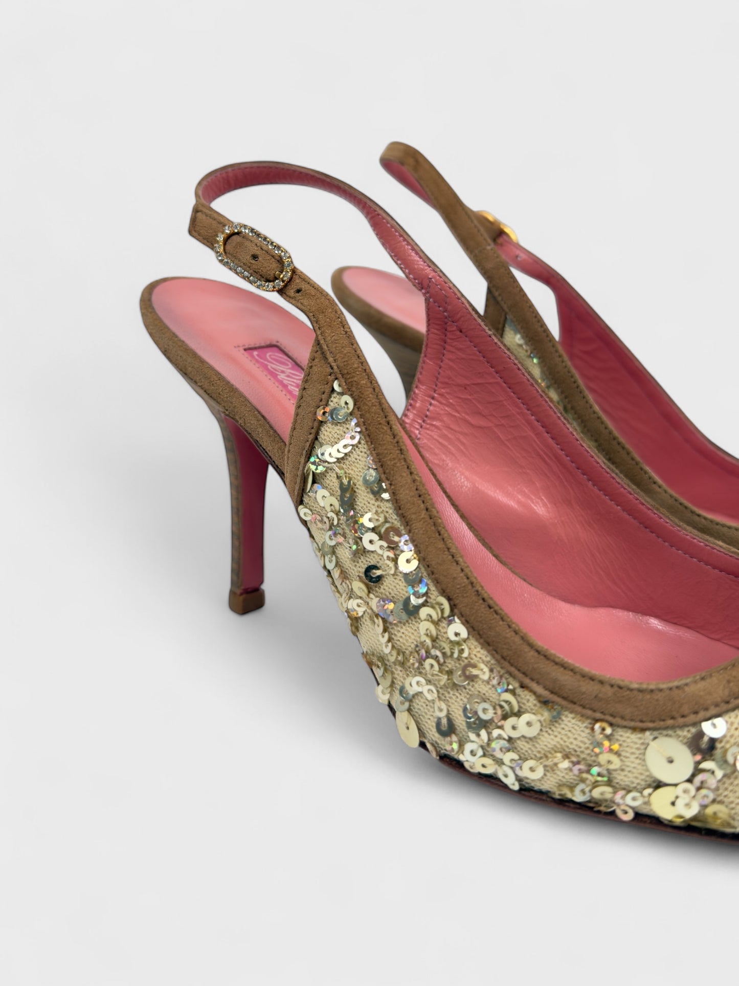 Blumarine SS 2005 slingback pumps with suede-effect toe and embroidered sequin detailing.