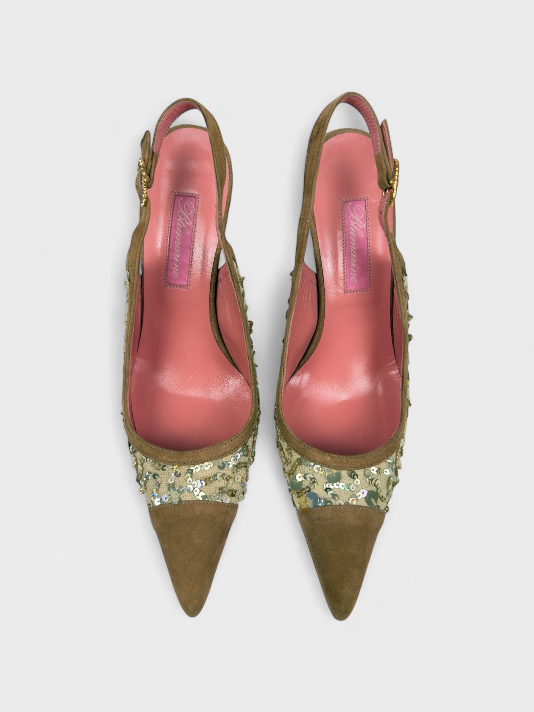 Blumarine SS 2005 slingback pumps with suede-effect toe and embroidered sequin detailing.