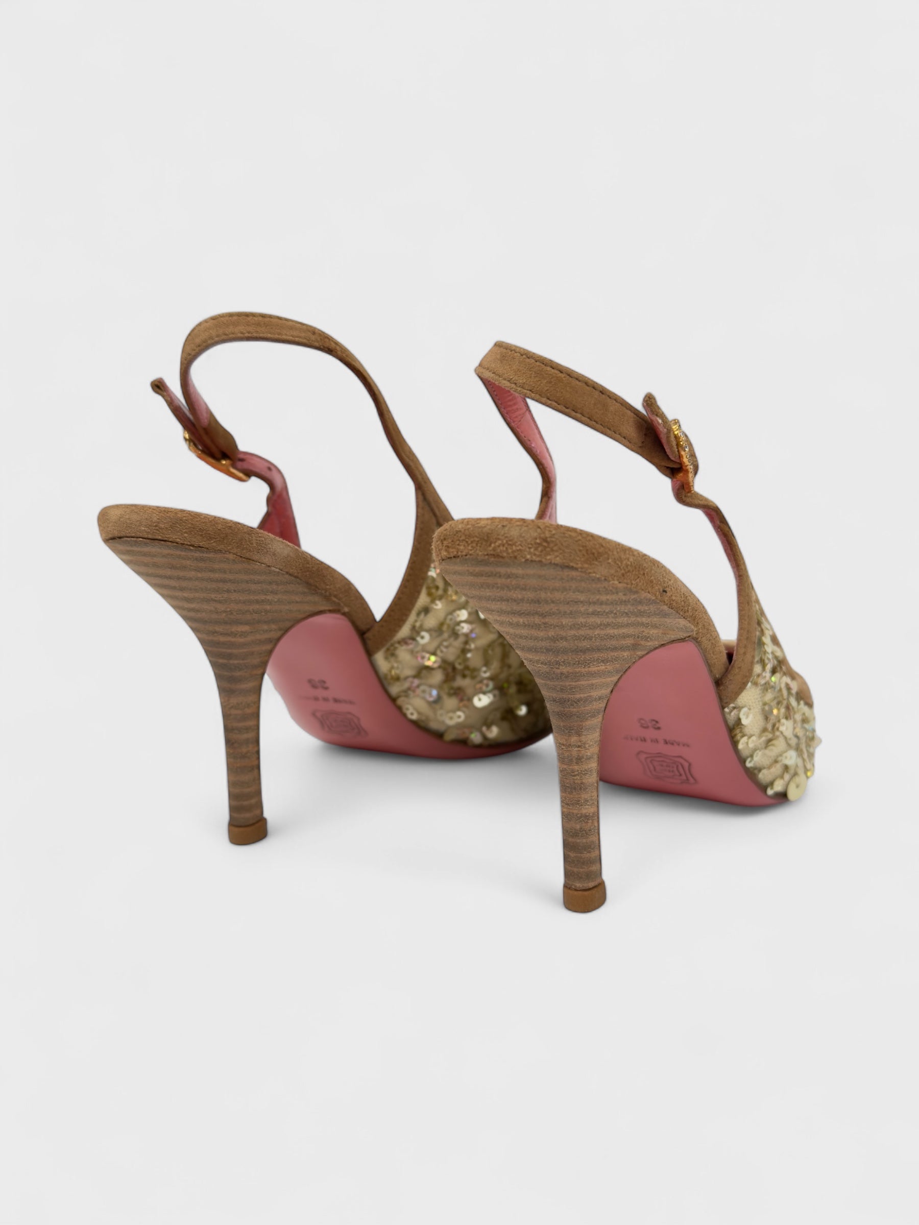 Blumarine SS 2005 slingback pumps with suede-effect toe and embroidered sequin detailing.
