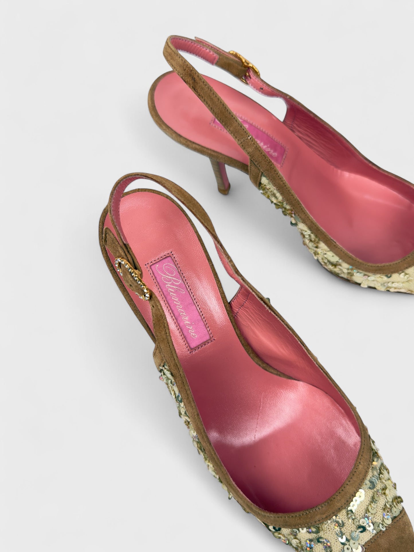 Blumarine SS 2005 slingback pumps with suede-effect toe and embroidered sequin detailing.