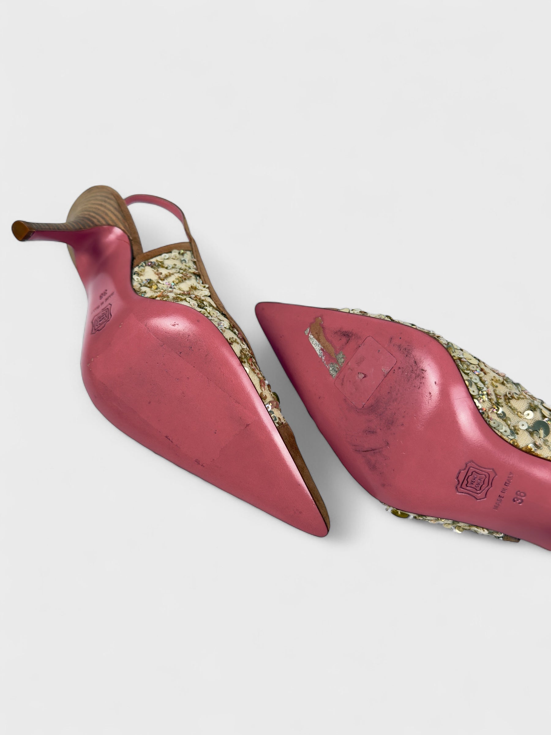 Blumarine SS 2005 slingback pumps with suede-effect toe and embroidered sequin detailing.