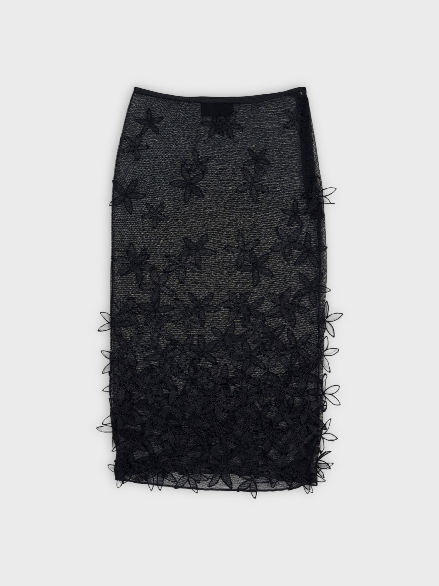D&G by Dolce & Gabbana late-1990s black double mesh skirt with 3D floral appliqués.