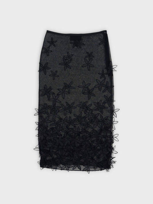 D&G by Dolce & Gabbana late-1990s black double mesh skirt with 3D floral appliqués.