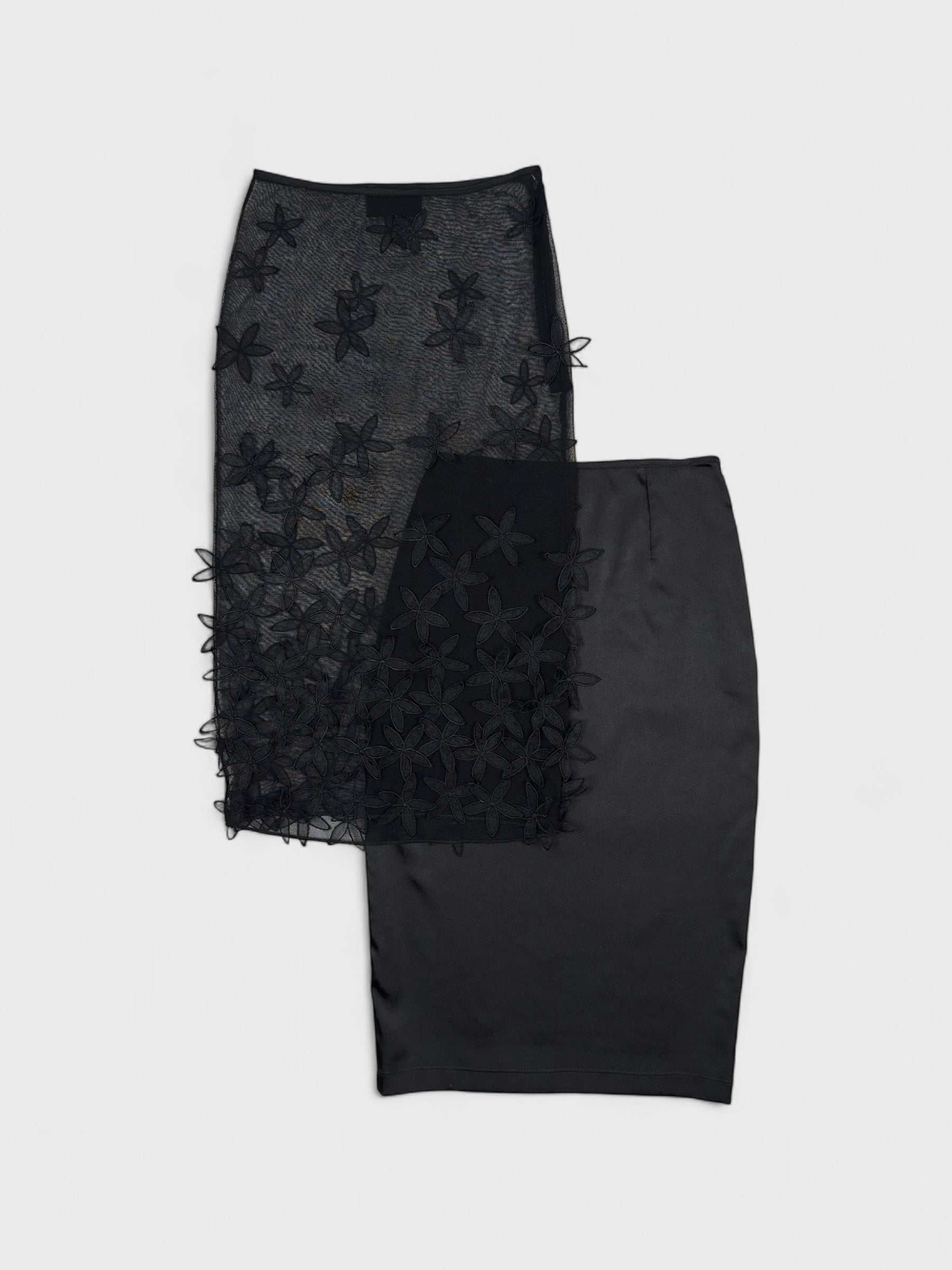 D&G by Dolce & Gabbana late-1990s black double mesh skirt with 3D floral appliqués.