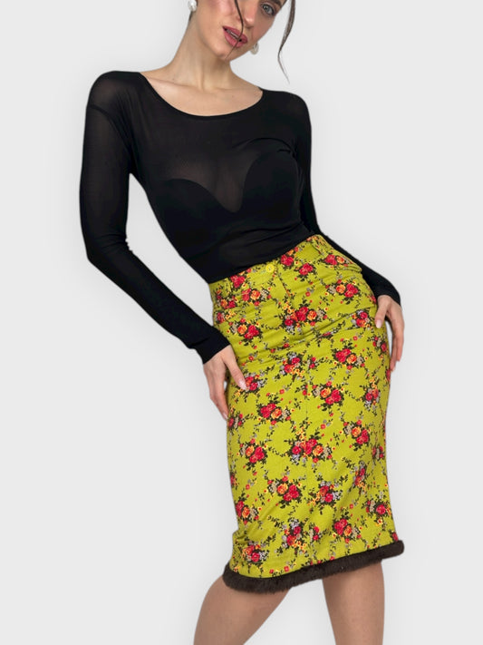 D&G by Dolce & Gabbana FW 1999 floral print midi skirt with faux fur trim.