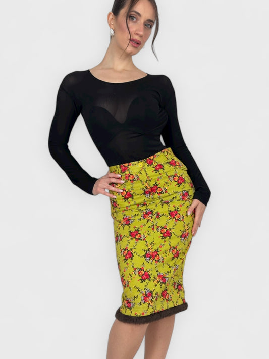 D&G by Dolce & Gabbana FW 1999 floral print midi skirt with faux fur trim.