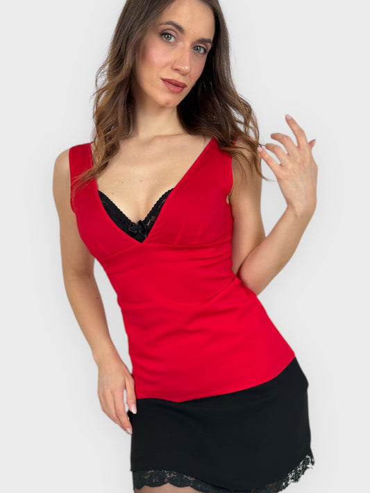 D&G by Dolce & Gabbana SS 1998 red cami top with built-in black lace bra detail.