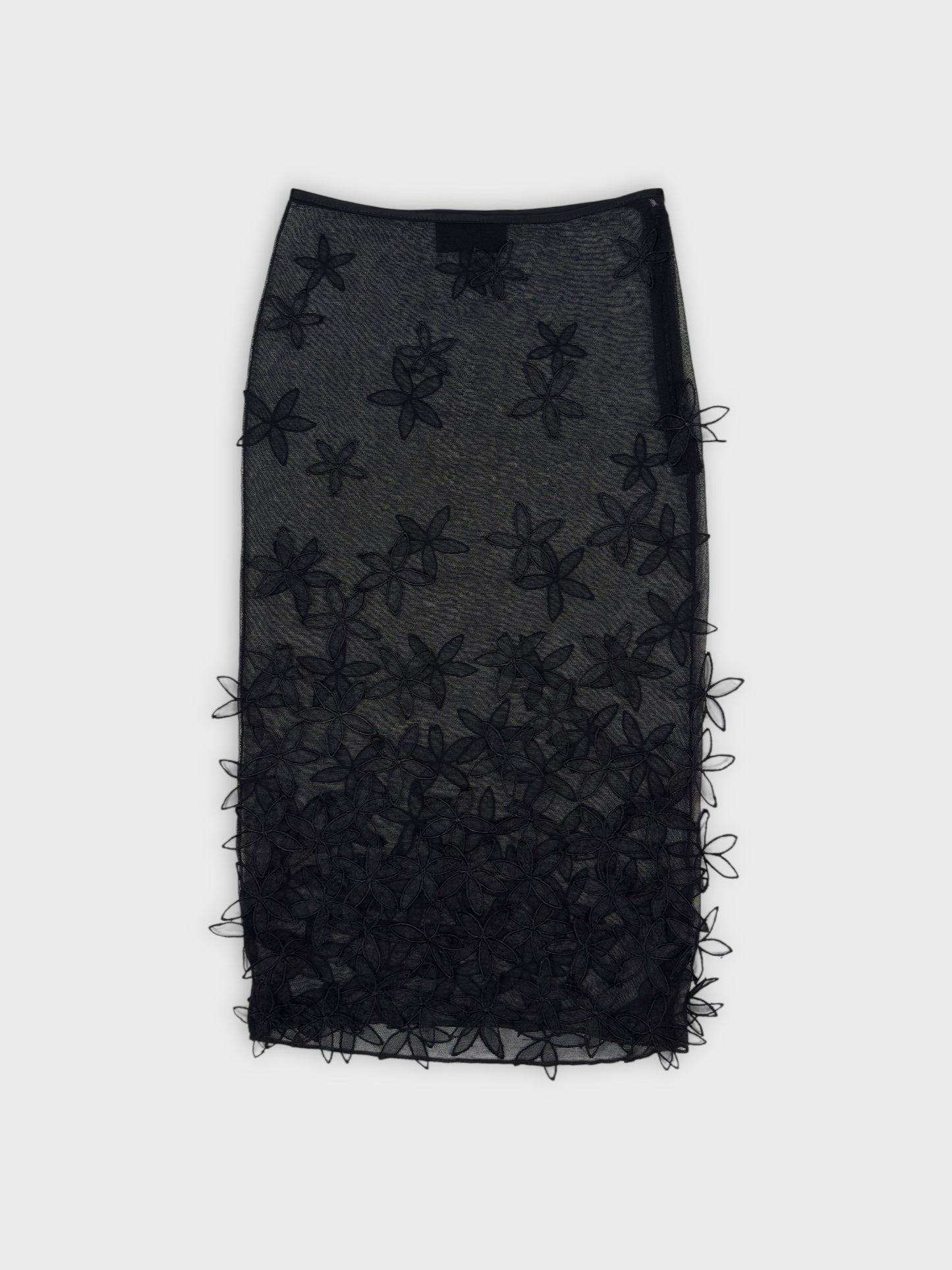 D&G by Dolce & Gabbana late-1990s black double mesh skirt with three-dimensional floral appliqués.