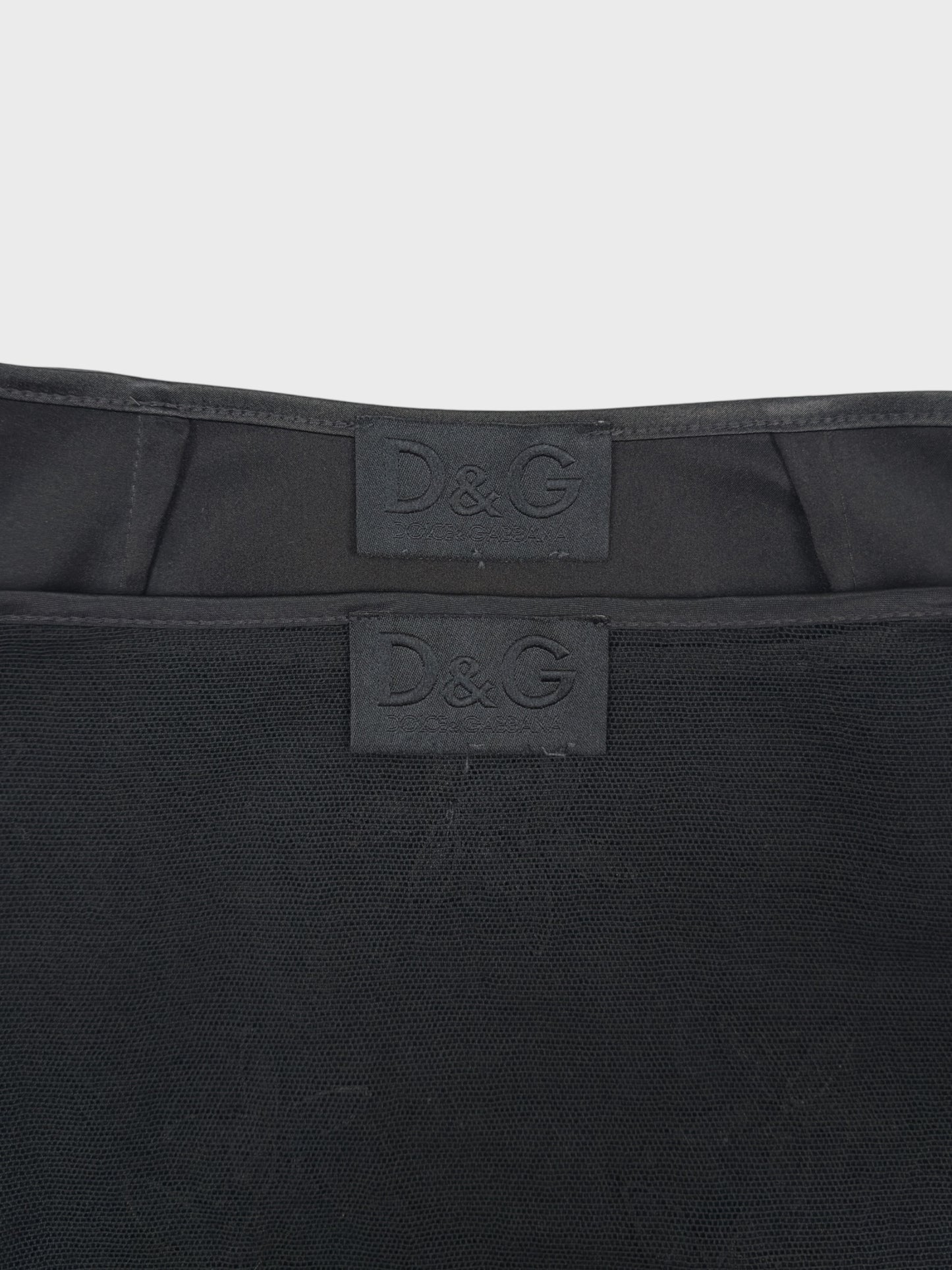 D&G by Dolce & Gabbana late-1990s black double mesh skirt with three-dimensional floral appliqués.