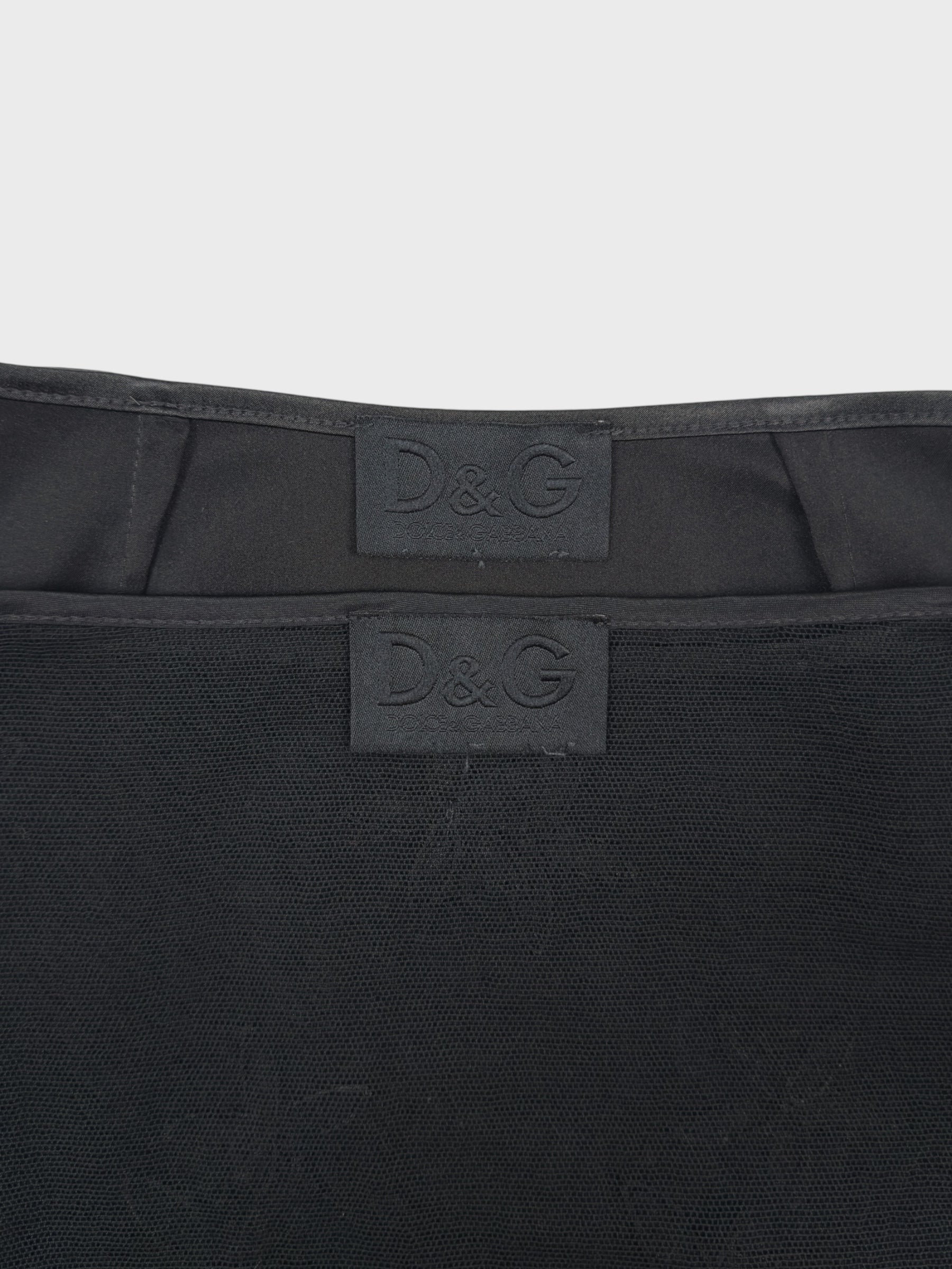 D&G by Dolce & Gabbana late-1990s black double mesh skirt with three-dimensional floral appliqués.