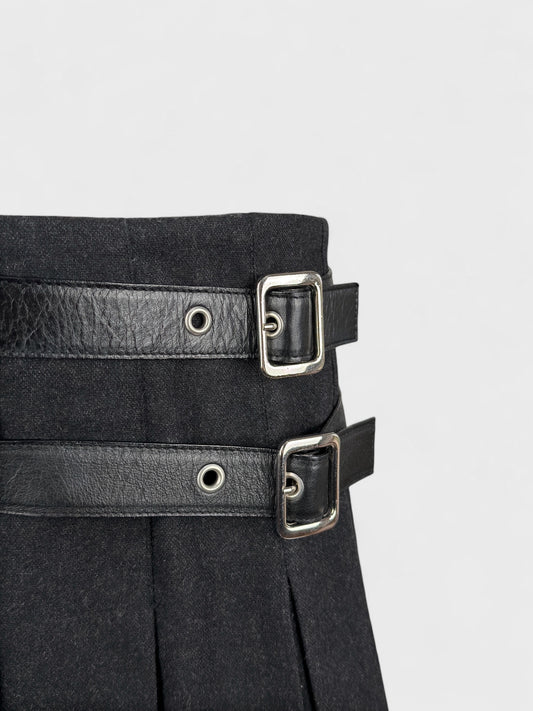 D&G by Dolce&Gabbana FW 2003 asymmetrical pleated wool mini skirt with leather belts.