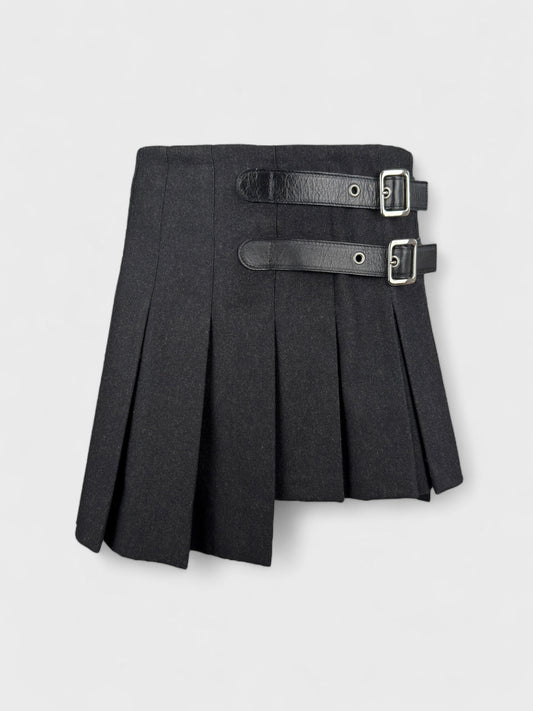 D&G by Dolce&Gabbana FW 2003 asymmetrical pleated wool mini skirt with leather belts.