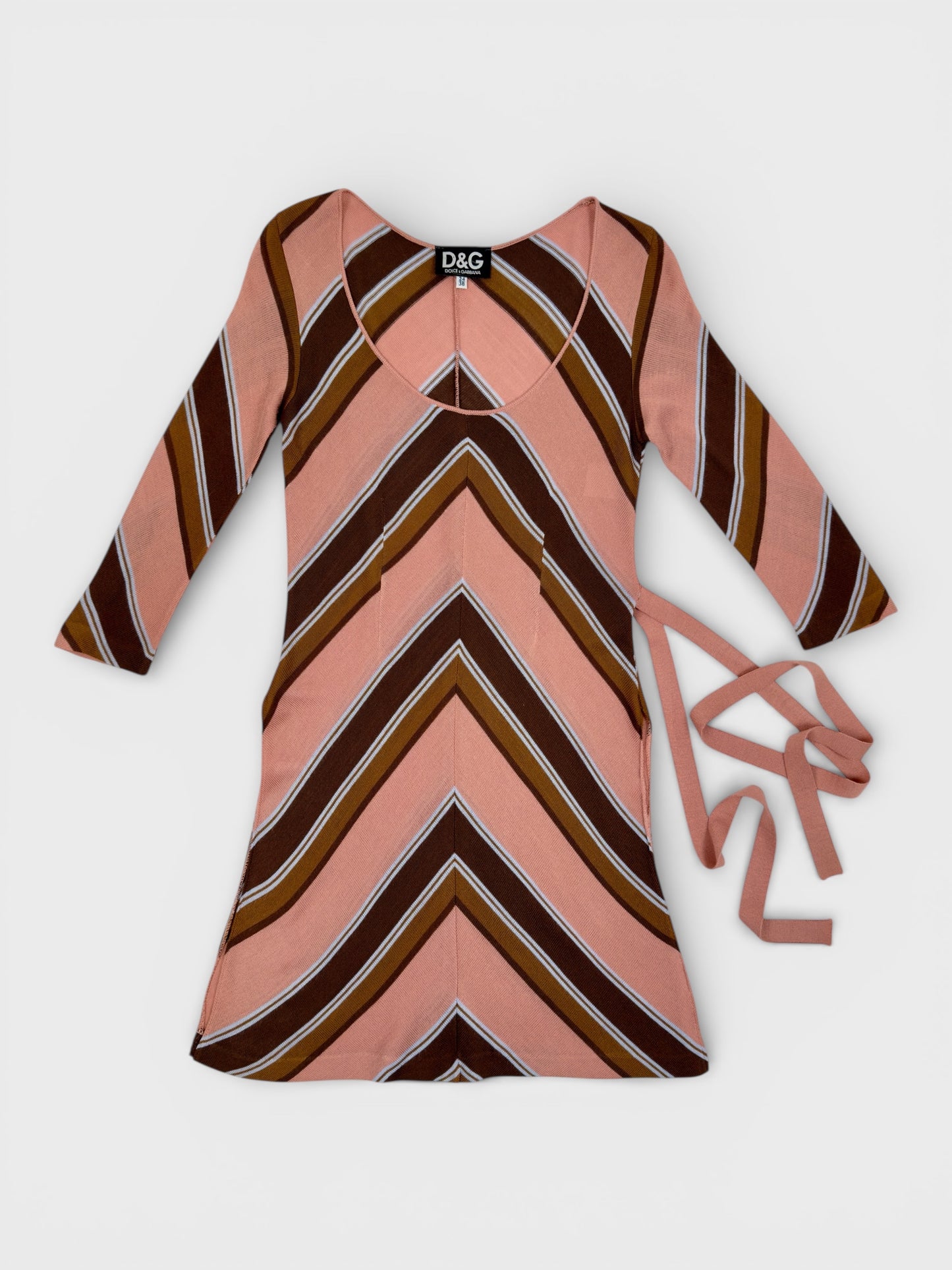 D&G by Dolce & Gabbana SS 1997 geometric knit long top mini dress with waist tie and deep side slits.