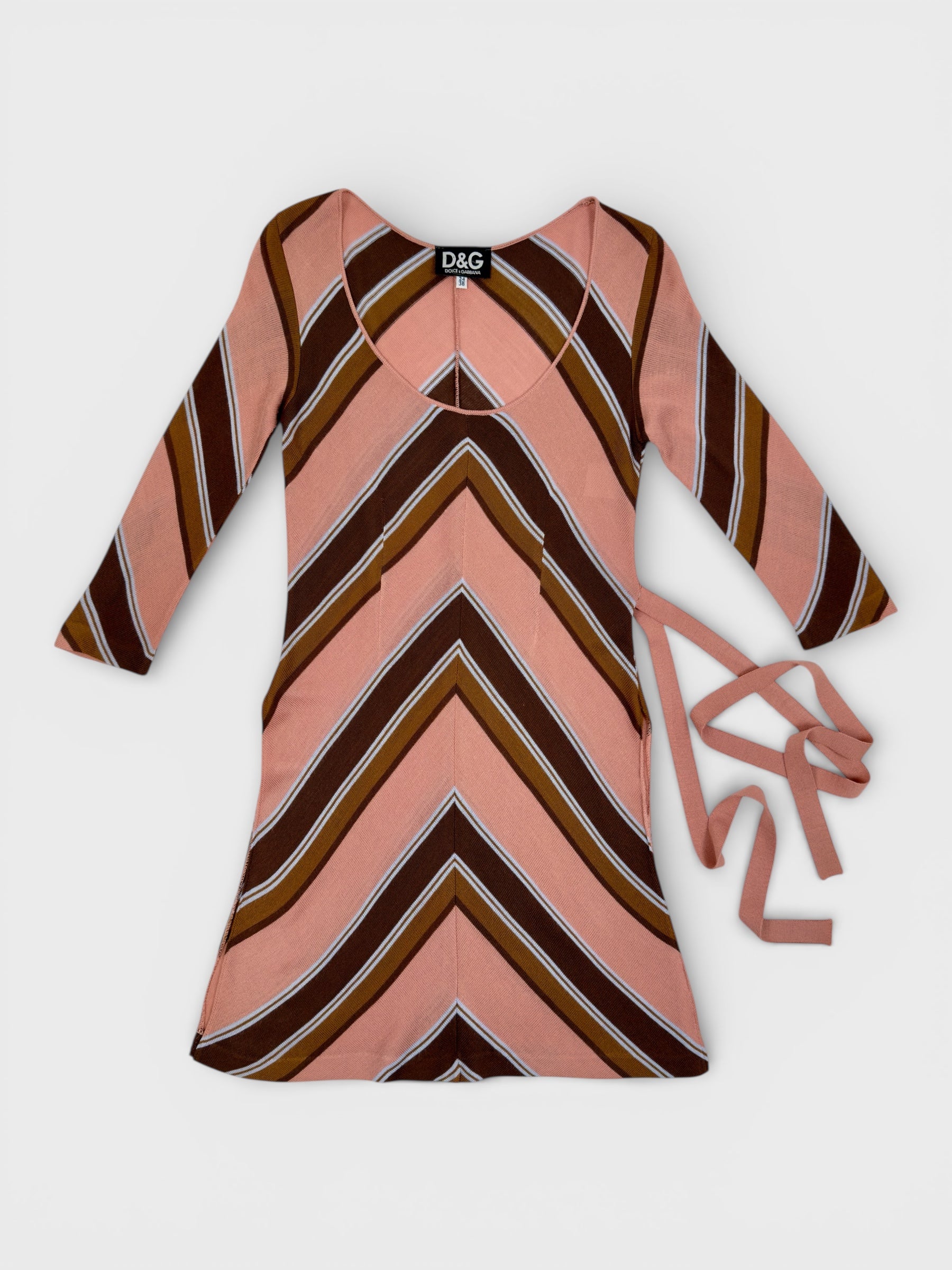 D&G by Dolce & Gabbana SS 1997 geometric knit long top mini dress with waist tie and deep side slits.