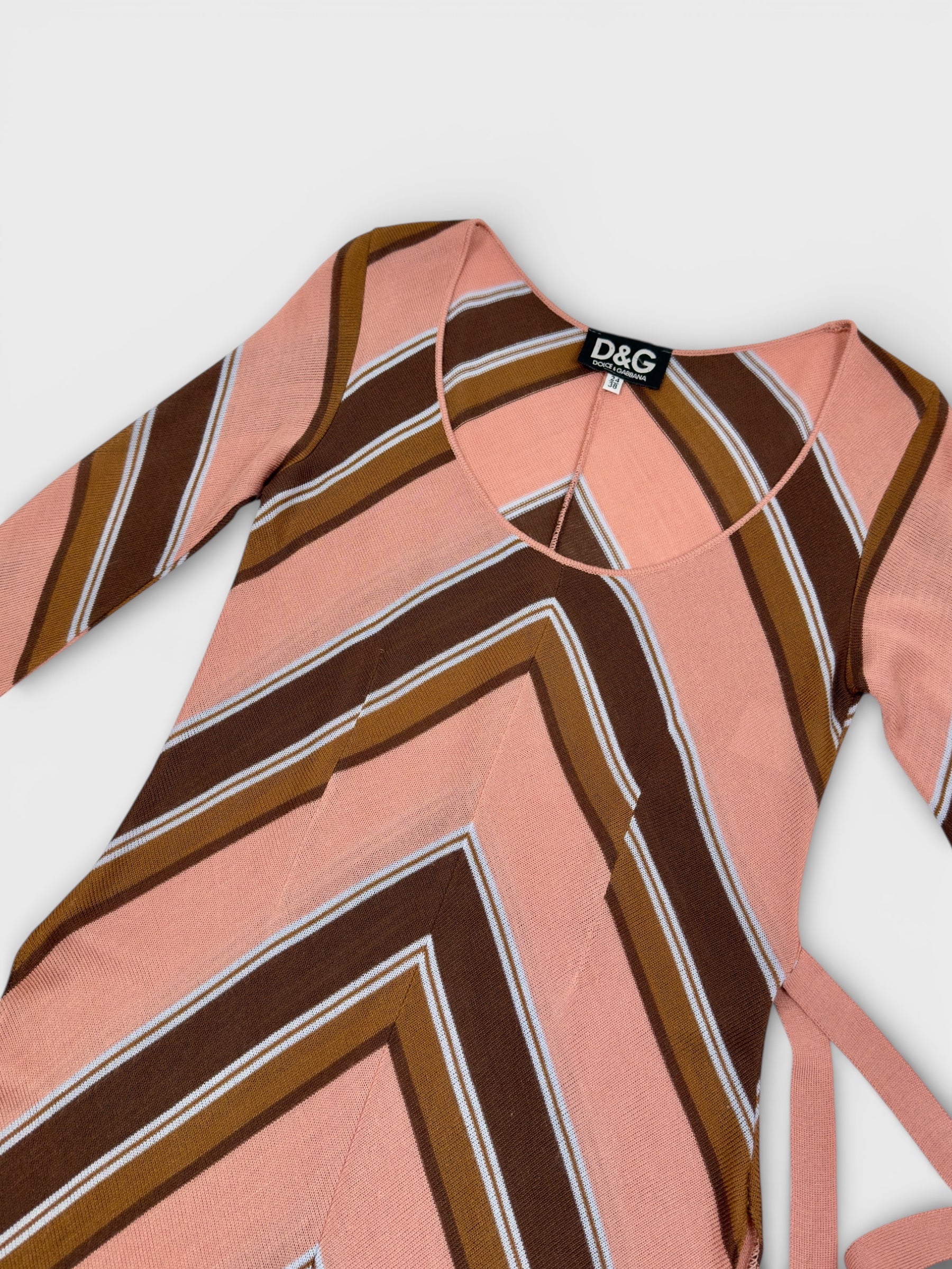 D&G by Dolce & Gabbana SS 1997 geometric knit long top mini dress with waist tie and deep side slits.