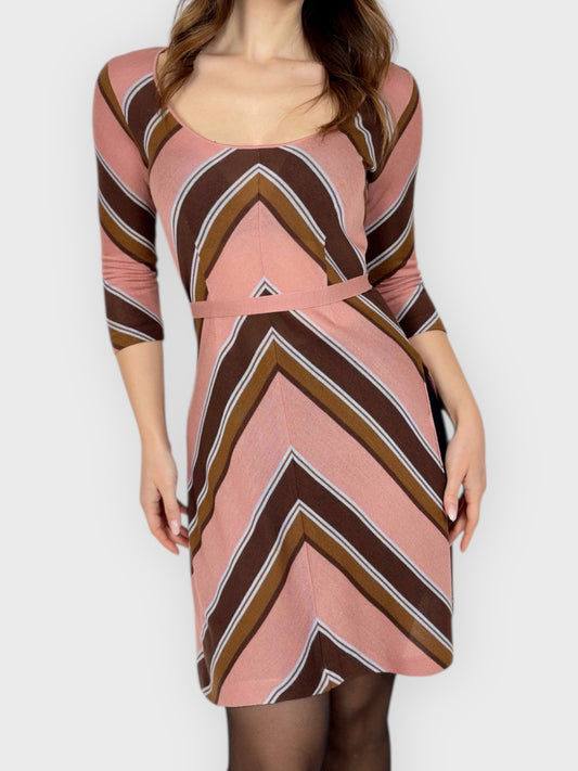 D&G by Dolce & Gabbana SS 1997 geometric knit long top mini dress with waist tie and deep side slits.