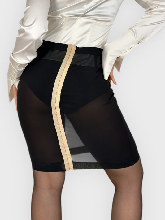 Vintage D&G by Dolce & Gabbana late 1990s sheer black mesh corset skirt with lace-up back.