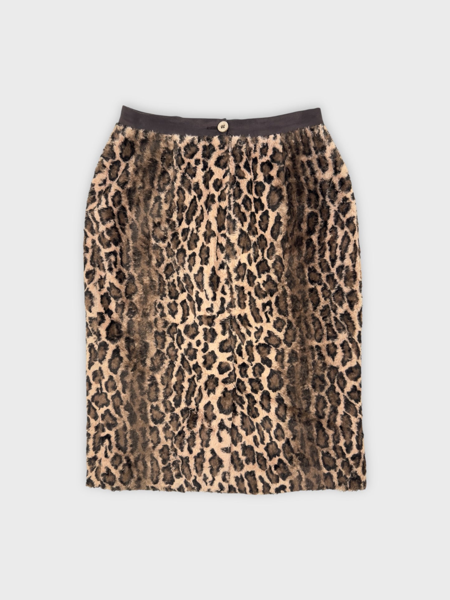 Vintage 1990s Dolce & Gabbana faux-fur leopard-print midi skirt with straight silhouette.