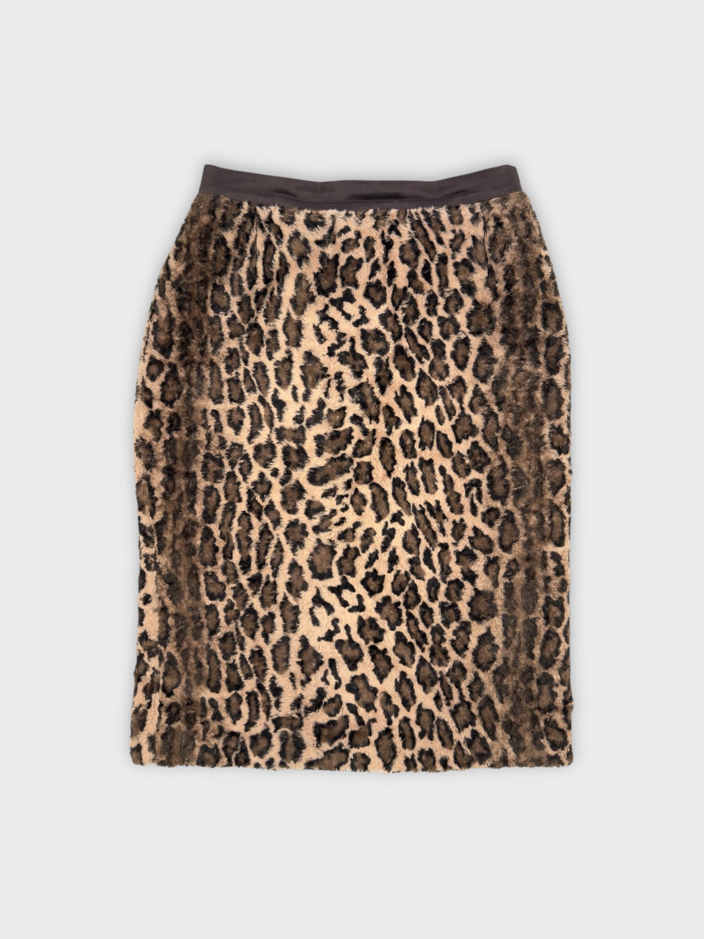 Vintage 1990s Dolce & Gabbana faux-fur leopard-print midi skirt with straight silhouette.