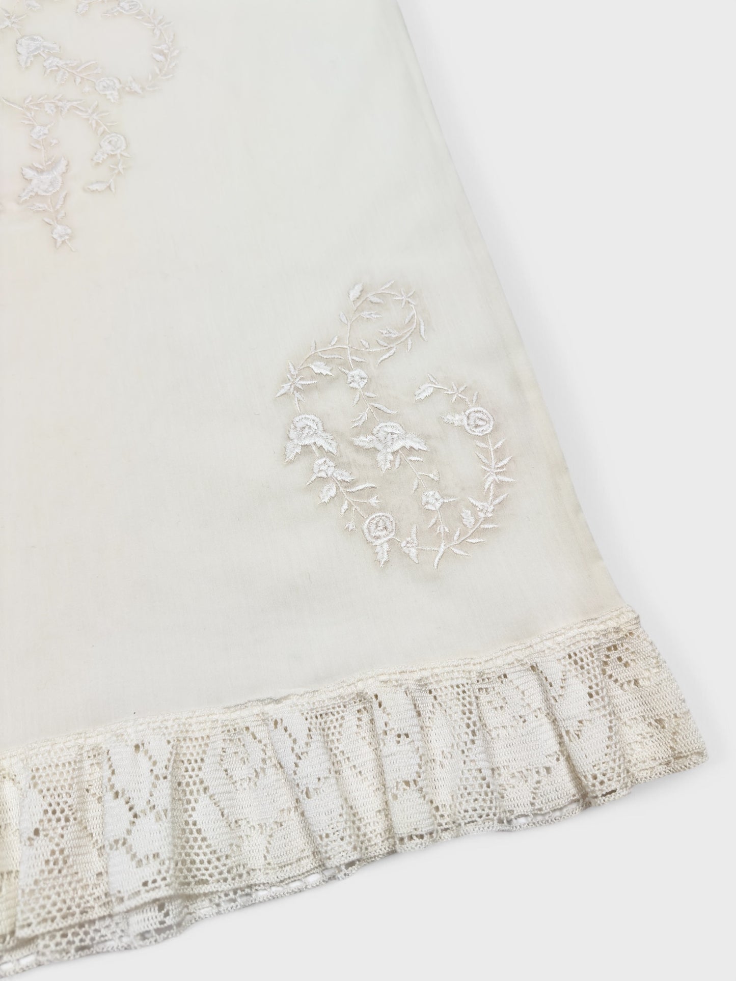 Dolce & Gabbana SS 1999 embroidered ivory pencil skirt with lace detailing and semi-transparent fabric.