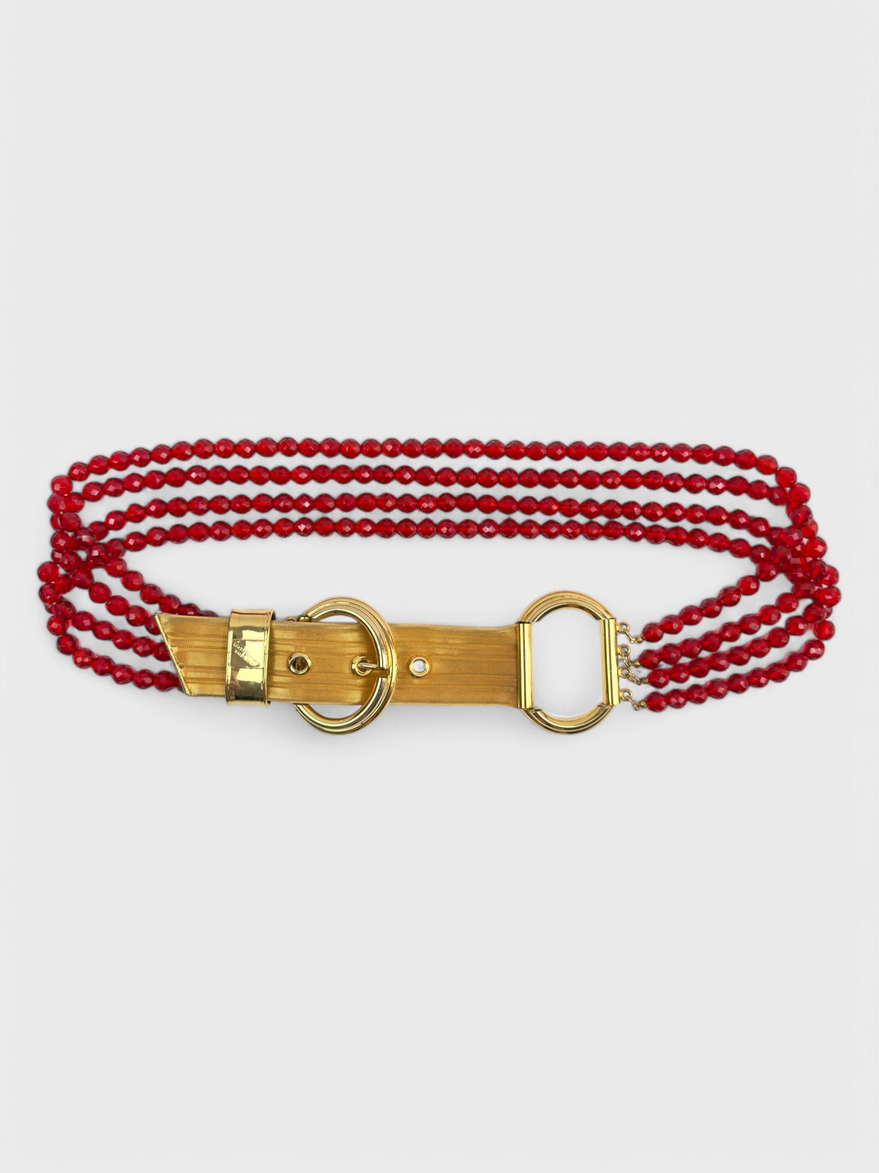 Gianni Versace 1980s beaded belt with red faceted beads and metal buckle.