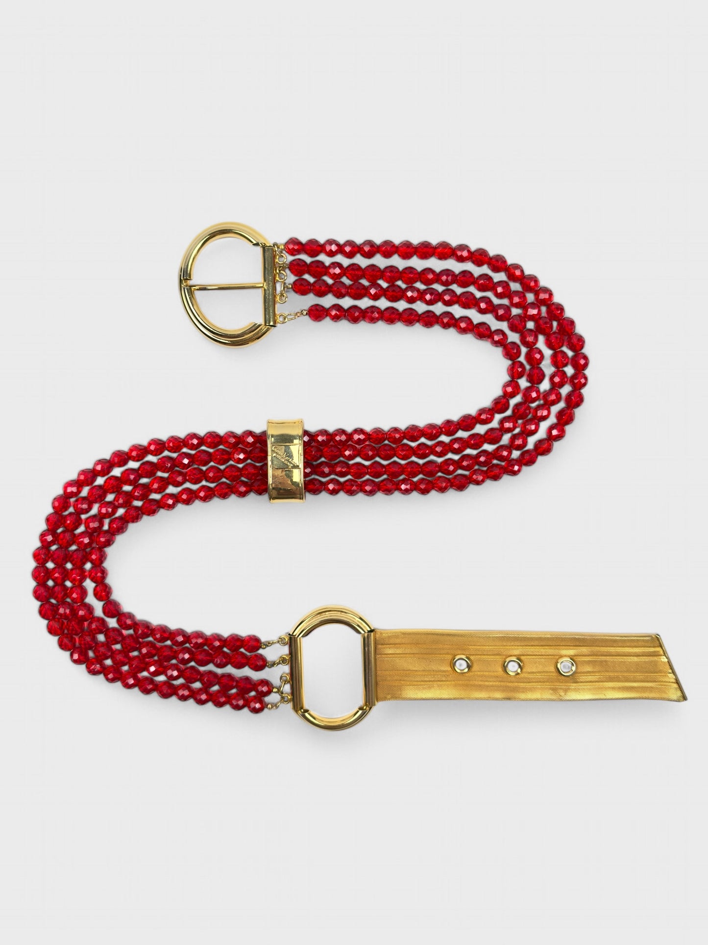 Gianni Versace 1980s beaded belt with red faceted beads and metal buckle.