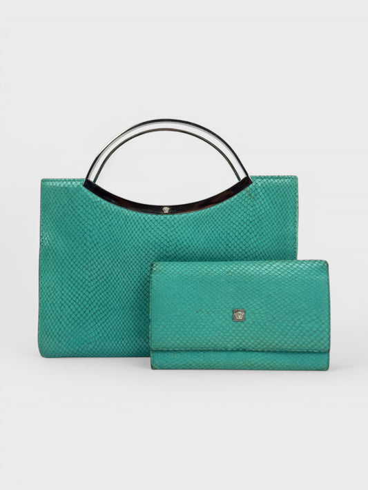 Gianni Versace SS 1999 turquoise python-effect leather frame bag with metal handles.