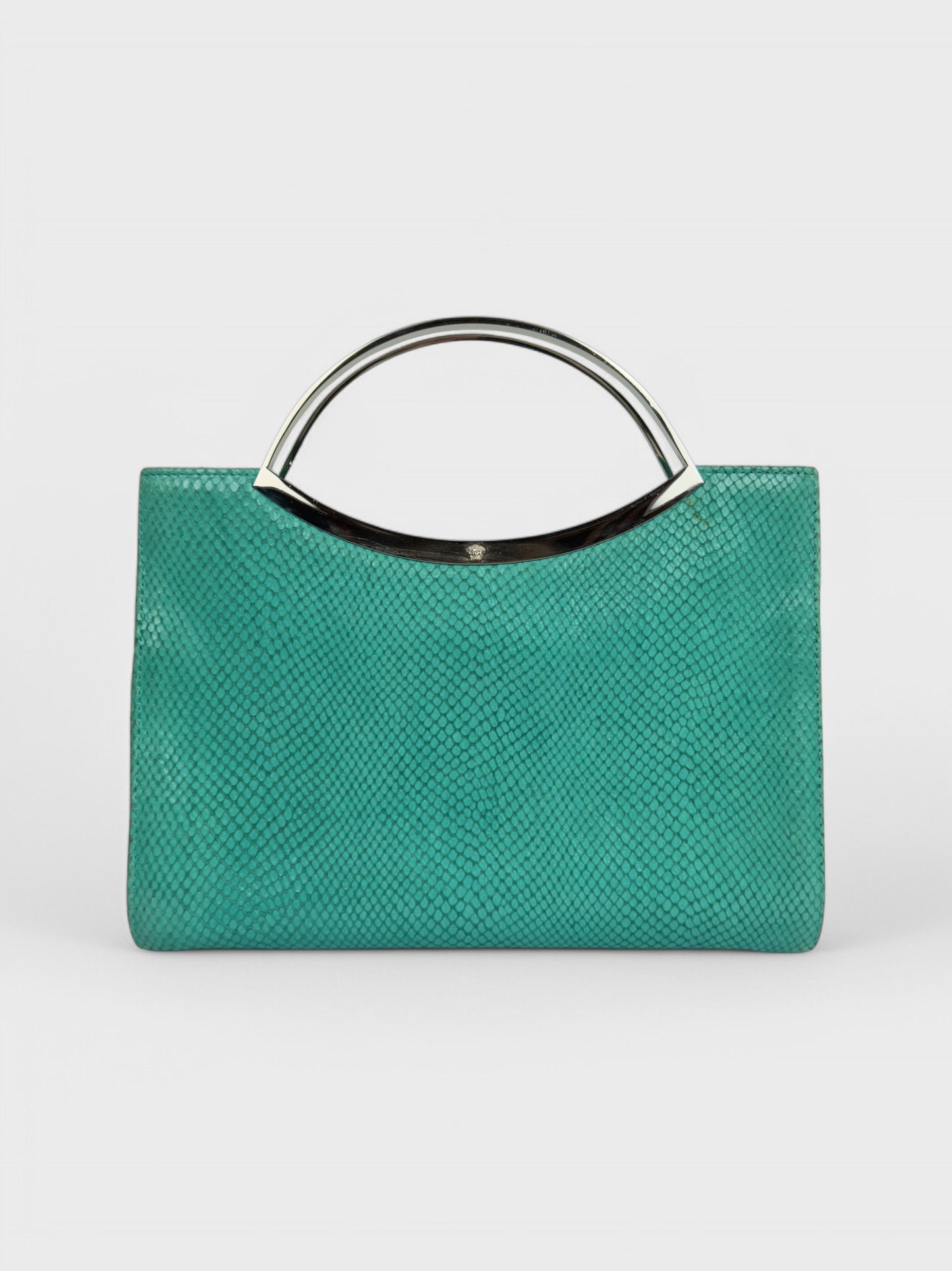 Gianni Versace SS 1999 turquoise python-effect leather frame bag with metal handles.