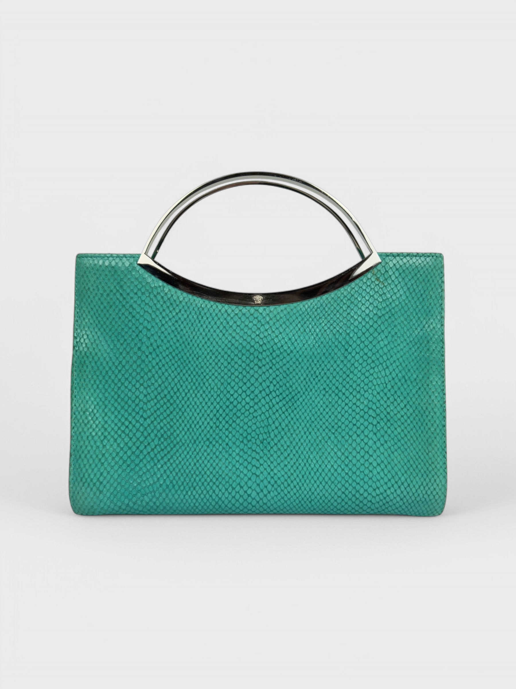 Gianni Versace SS 1999 turquoise python-effect leather frame bag with metal handles.