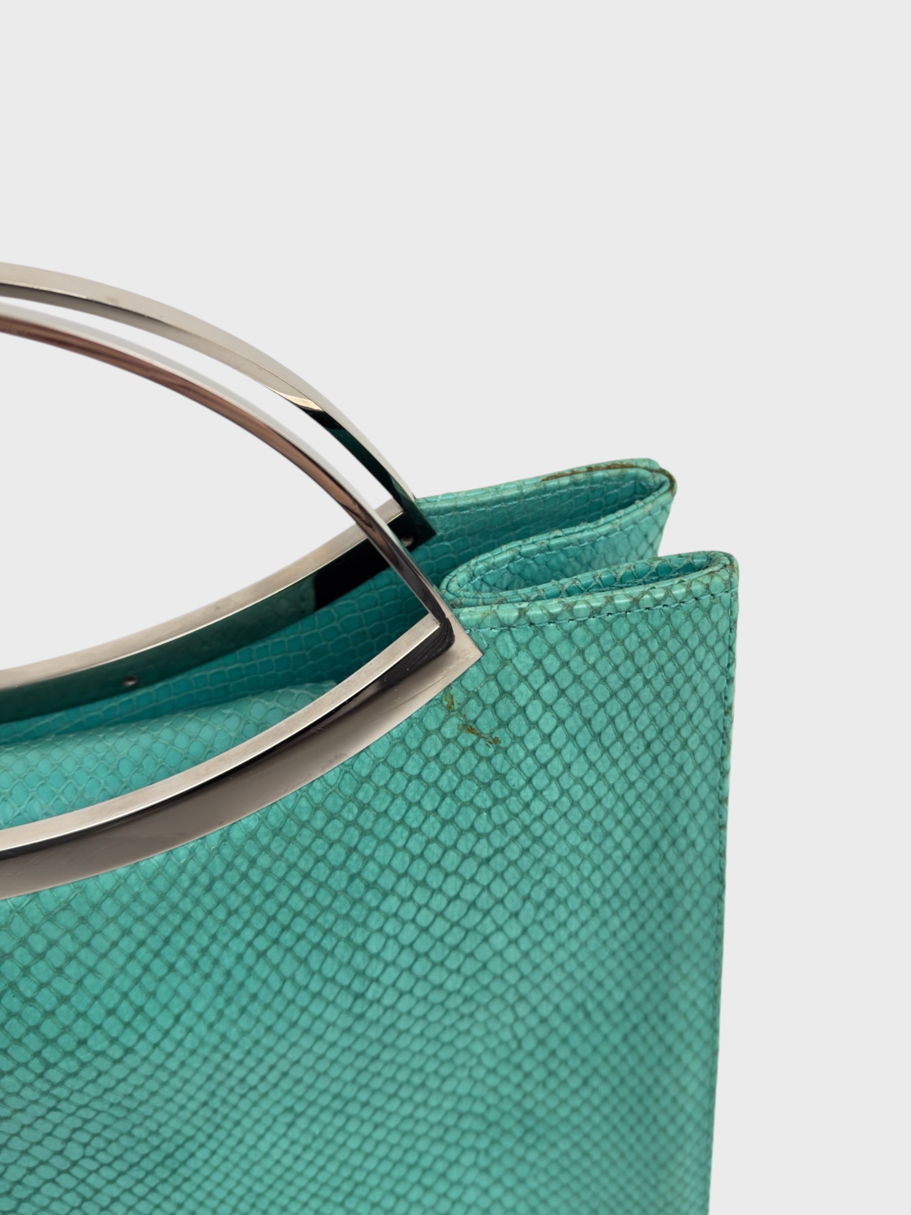 Gianni Versace SS 1999 turquoise python-effect leather frame bag with metal handles.