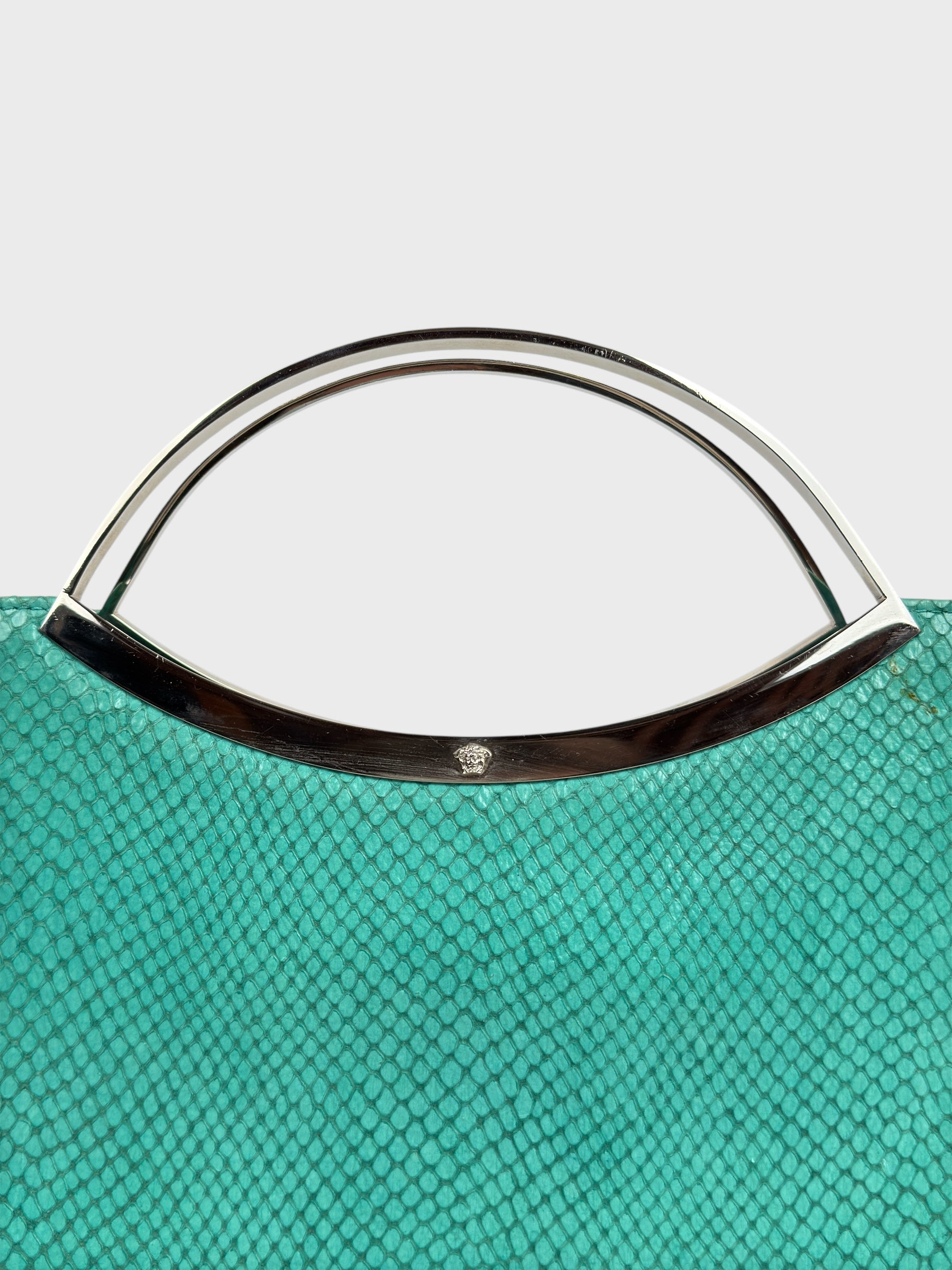 Gianni Versace SS 1999 turquoise python-effect leather frame bag with metal handles.